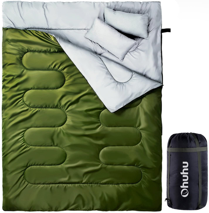 Ohuhu Double Sleeping Bag with 2 Pillows, Waterproof Lightweight 2 Person Adults Sleeping Bag for Camping, Backpacking, Hiking, with Carrying Bag Sporting Goods > Outdoor Recreation > Camping & Hiking > Sleeping Bags Ohuhu Green  