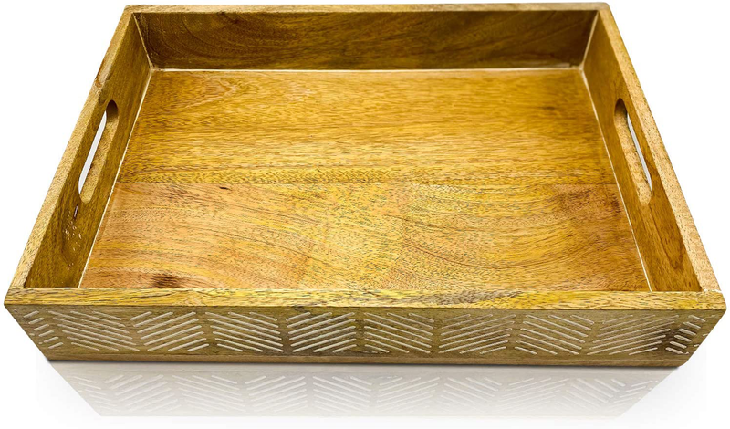 Olive + Crate KitchenPerfect Large Hand Made Decorative Wooden Serving Trays for Coffee Table with Handles, Rustic Farmhouse Style, for Eating Or Drinks On Sofa, Living Room, Kitchen or in Bed… Home & Garden > Decor > Decorative Trays Olive + Crate White Detailing 18IN x 12IN x 3IN 