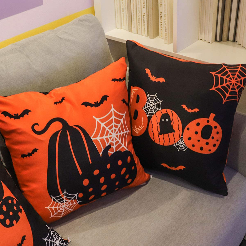 Ivenf Halloween Decoration 18x18 Throw Pillow Cover 4pcs, Orange and Black Pumpkins Bats Boo Decorative Pillow Covers, Halloween Cushion Covers for Home Office Couch Sofa Bed Arts & Entertainment > Party & Celebration > Party Supplies Ivenf   