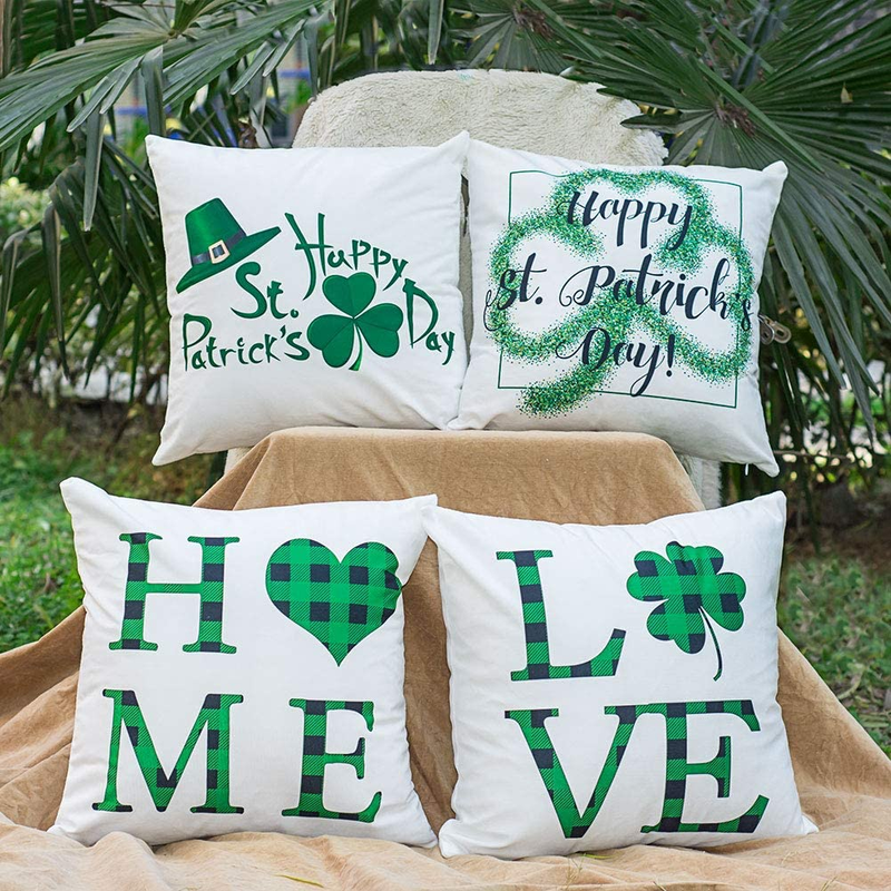 Doliving St Patricks Day Pillow Covers 18X18 Set of 4 St Patricks Day Decorations for Home Green Buffalo Check Plaid Love Home Clover St Patricks Day Pillows Home Decor St Patricks Day Decorations