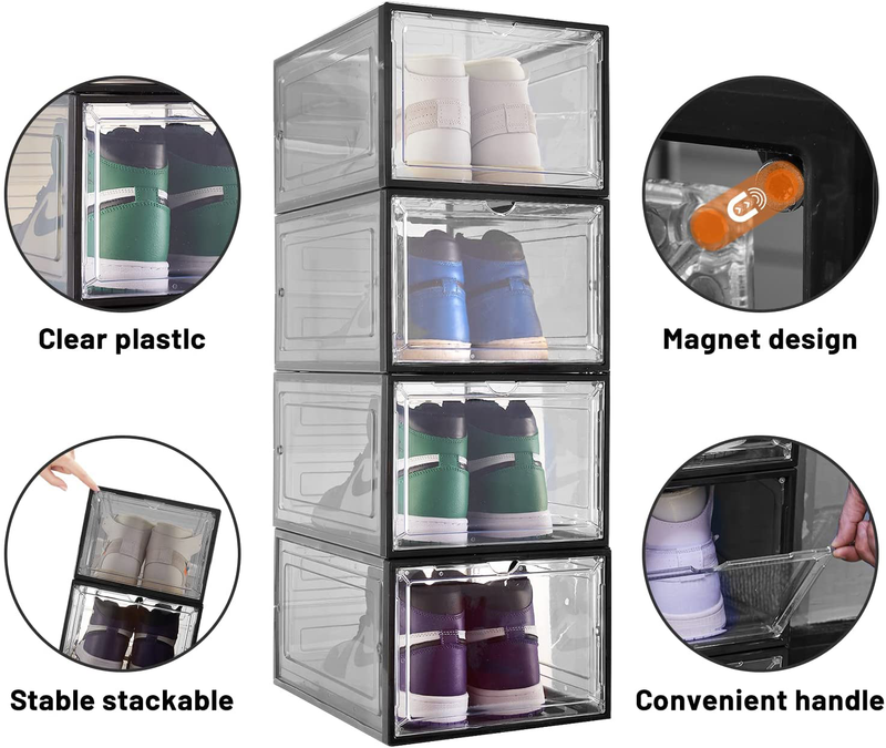 Shoe Box, 6 Pack Shoe Storage Boxes Clear Plastic Stackable, Drop Front Shoe Organizer with Lids, Shoe Containers for Sneaker Display, Fit up to US Size 12 (13.6”X 10.4”X 7.5”) (Black)