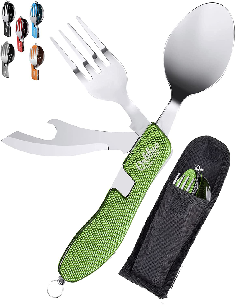 Orblue 4-In-1 Camping Utensils, 2-Pack, Portable Stainless Steel Spoon, Fork, Knife & Bottle Opener Combo Set - Travel, Backpacking Cutlery Multitool Sporting Goods > Outdoor Recreation > Camping & Hiking > Camping Tools Orblue Military Green  