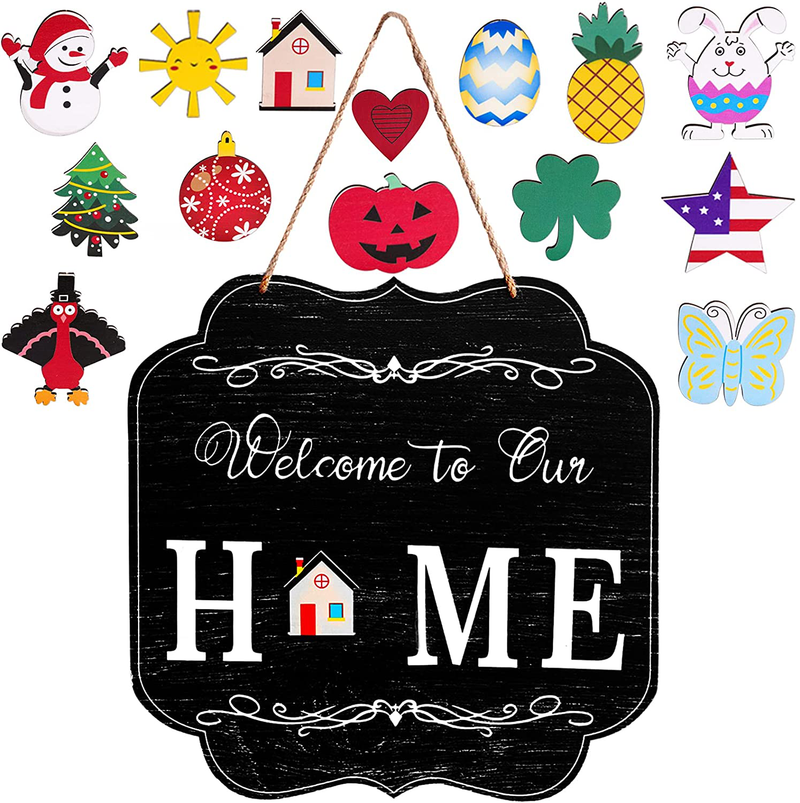 Interchangeable Wooden Seasonal Welcome Sign Hanging Halloween Signs Front Door Porch Decor Front Porch Seasonal Signs for Halloween, Christmas, Easter, Valentines, Fall, Thanksgiving with 14 Festival Ornaments（13.7inch）