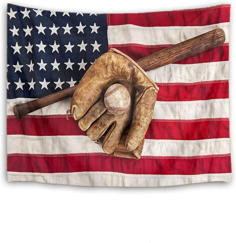 HVEST Sport Tapestry Baseball Glove and Bat Wall Hanging American Flag Wall Tapestry for Bedroom Living Room Dorm Party Wall Decor,60Wx40H inches Home & Garden > Decor > Artwork > Decorative Tapestries HVEST 60" X 40"  