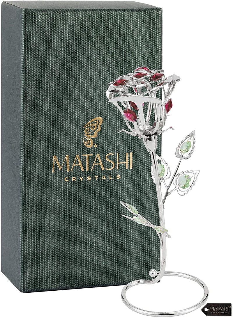 Matashi Silver Plated Rose Flower Tabletop Ornament with Crystals Decorative Metal Floral Arrangement Office Home Decor Showpiece Gifts for Christmas Valentine'S Day Birthday Mother'S Day Anniversary
