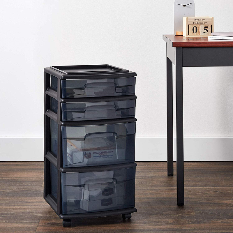 HOMZ Plastic 4 Drawer Medium Cart, Black Frame with Smoke Tint Drawers, Casters Included, Set of 1