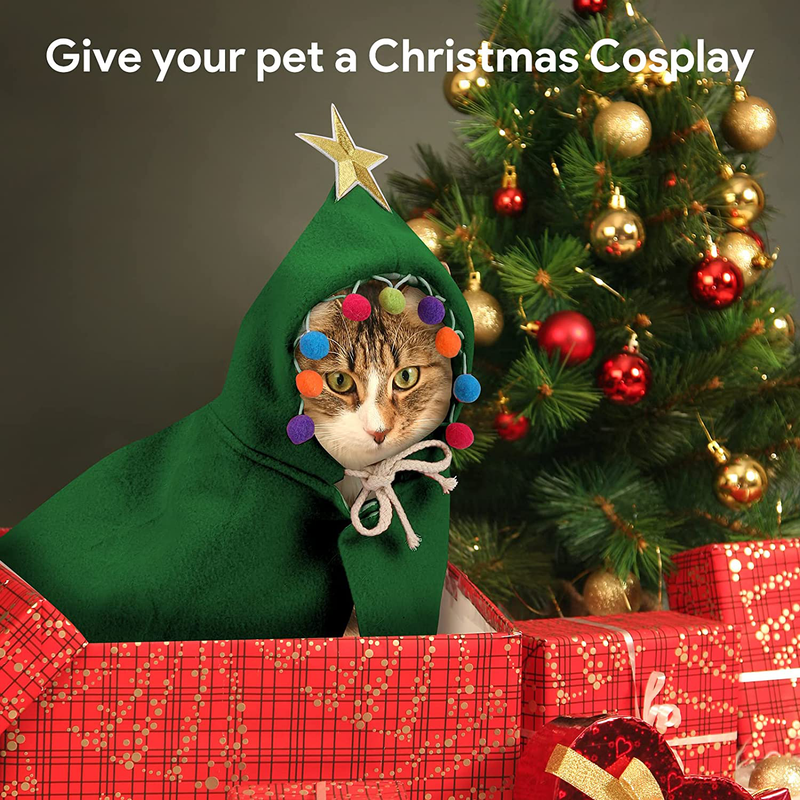 Lewondr Cat Dog Christmas Costume - Xmas Cloak with Star and Pompoms Pet Santa Cape with Santa Hat Party Cosplay Dressing up for Cats and Small Medium Dogs Christmas Outfit Clothes Costumes