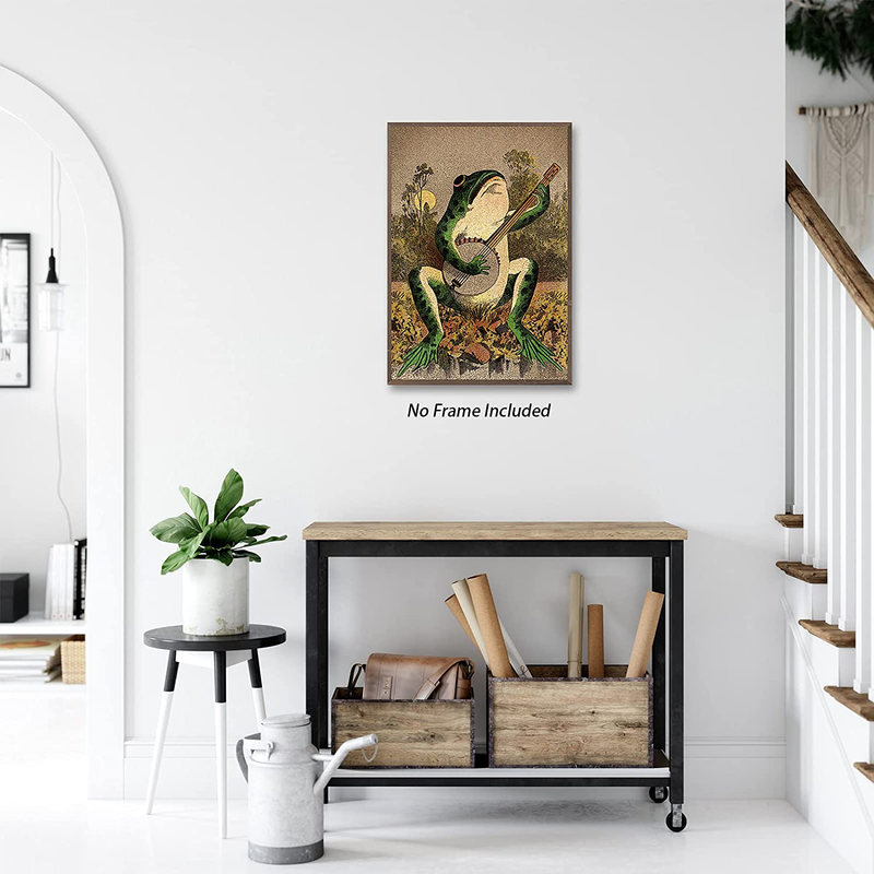 Frog Canvas Wall Art - Frog Pictures Wall Decor Frog Playing Banjo in the Moonlight Vintage Frog Poster Prints Painting for Bedroom Bathroom 12X16 Inch Unframed Home & Garden > Decor > Artwork > Posters, Prints, & Visual Artwork Tanmart   