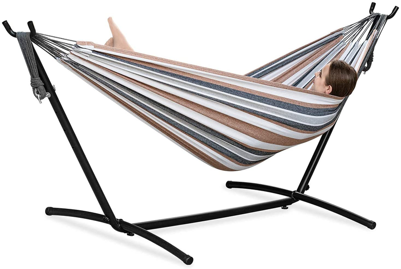 PNAEUT Double Hammock with Space Saving Steel Stand Included 2 Person Heavy Duty Outside Garden Yard Outdoor 450lb Capacity 2 People Standing Hammocks and Portable Carrying Bag (Coffee) Home & Garden > Lawn & Garden > Outdoor Living > Hammocks PNAEUT   
