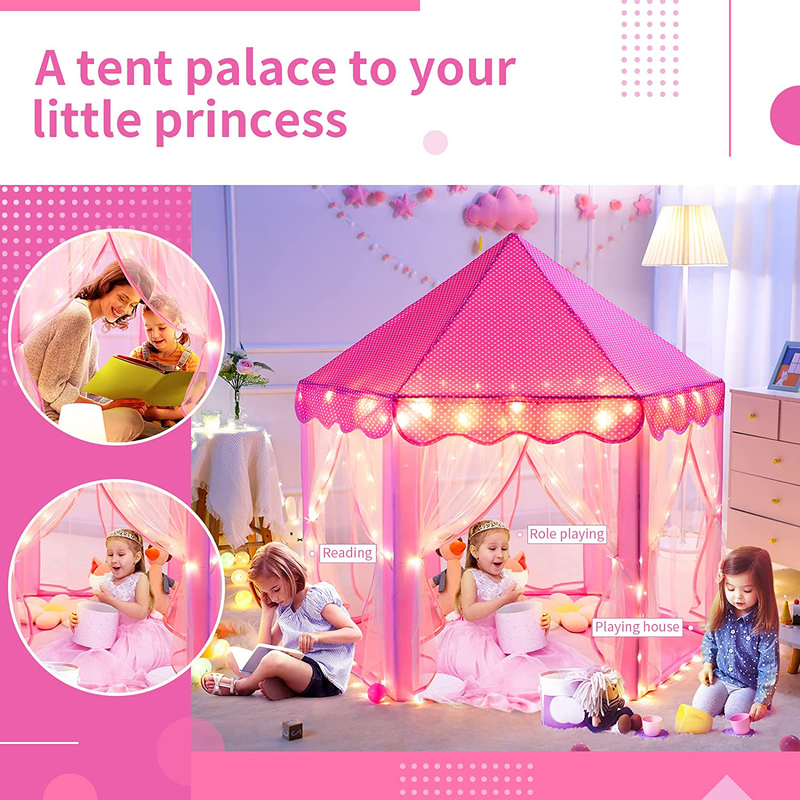 Sumbababy Princess Castle Tent for Girls Fairy Play Tents for Kids Hexagon Playhouse with Fairy Star Lights Toys for Children or Toddlers Indoor or Outdoor Games (Pink) Sporting Goods > Outdoor Recreation > Camping & Hiking > Tent Accessories Sumbababy   