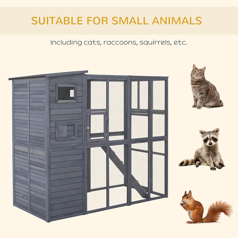 Pawhut Large Wooden Outdoor Cat House with Large Run for Play, Catio for Lounging, and Condo Area for Sleeping, Grey Animals & Pet Supplies > Pet Supplies > Cat Supplies > Cat Beds PawHut   