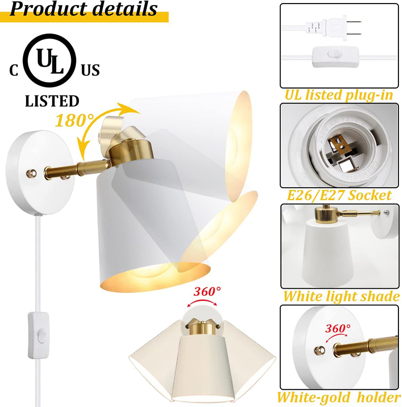 Plug in Wall Sconces Set of 2, Swing Arm Wall Lamp with On/Off Switch Metal White Vintage Industrial Wall Mounted Lighs Reading Light Fixtures for Bedside Bedroom Doorway,E26 Base Home & Garden > Lighting > Lighting Fixtures > Wall Light Fixtures KOL DEALS   