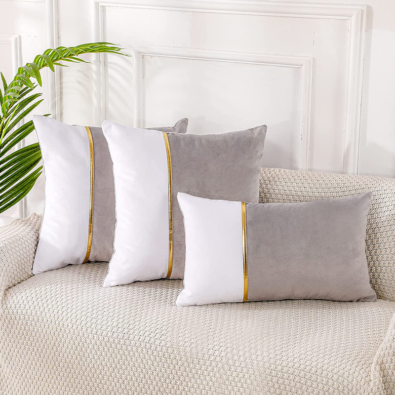 Pack of 2 Light Grey Patchwork Velvet Throw Pillow Cover with Gold Striped Leather Modern Luxury Square Cushion Case Pillowcase for Sofa Couch Bedroom Living Room Home 16X16 Inch