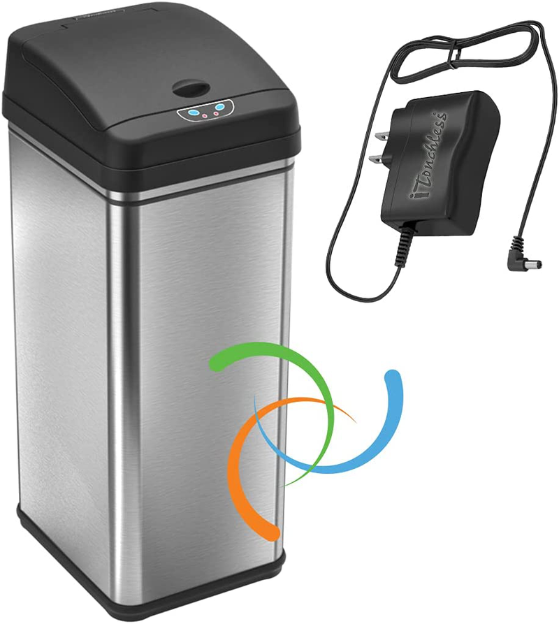 iTouchless 13 Gallon Automatic Trash Can with Odor-Absorbing Filter and Lid Lock, Power by Batteries (not included) or Optional AC Adapter (sold separately), Black/Stainless Steel Home & Garden > Kitchen & Dining > Kitchen Tools & Utensils > Kitchen Knives iTouchless Black and Stainless Steel, Ac Adapter  