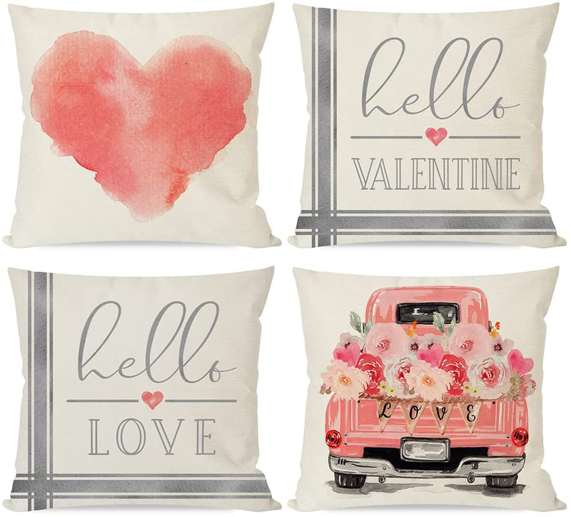 PANDICORN Valentines Day Pillow Covers 18X18 Set of 4, Valentine Pillow Covers Valentines Day Decor, Hello Valentine Love Heart Truck Flower Throw Pillows Cases Valentines Day Decorations Home & Garden > Decor > Seasonal & Holiday Decorations PANDICORN   