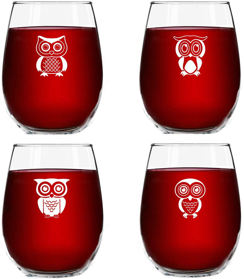 Cute Owl Wine Glass Set of 4 | Stemless Wine Glasses with 4 Unique Loveable Owls | 15 oz. Owl Decor Glasses | Makes Fun Owl for Women | Great Owl Kitchen Decor or New Home Gift Ideas | USA Made Home & Garden > Decor > Seasonal & Holiday Decorations DU VINO Default Title  