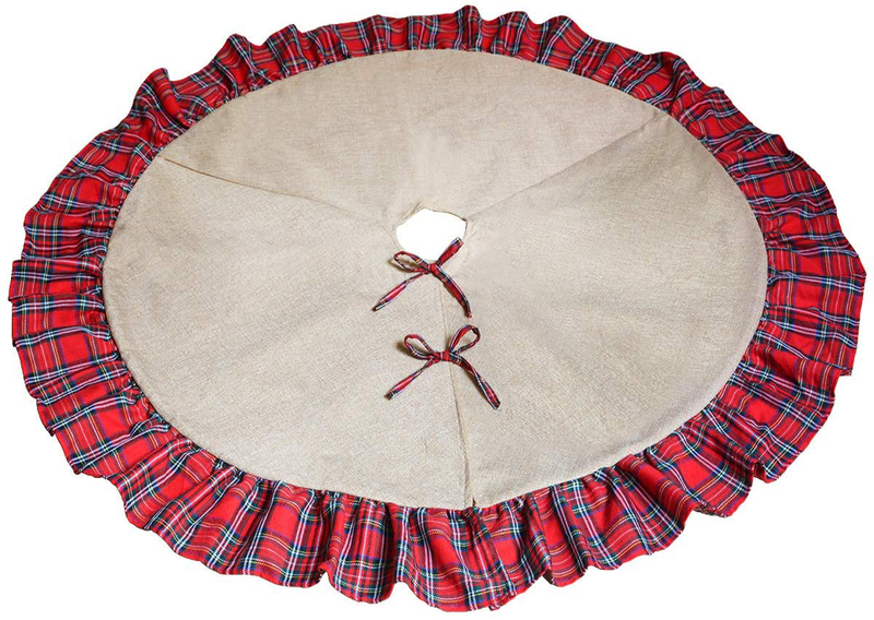 kingleder Natural Burlap Christmas Tree Skirt,48 Inch Large Double Layers Linen Burlap Xmas Tree Mat with Red Black Plaid Ruffle Edge for Christmas Holiday Decoration 2020 Gift Giving