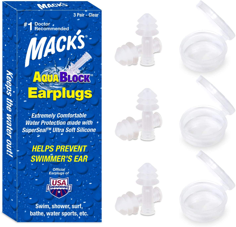Mack's AquaBlock Swimming Earplugs, 3 Pair - Comfortable, Waterproof, Reusable Silicone Ear Plugs for Swimming, Snorkeling, Showering, Surfing and Bathing (Purple) Sporting Goods > Outdoor Recreation > Boating & Water Sports > Swimming Mack's Clear  