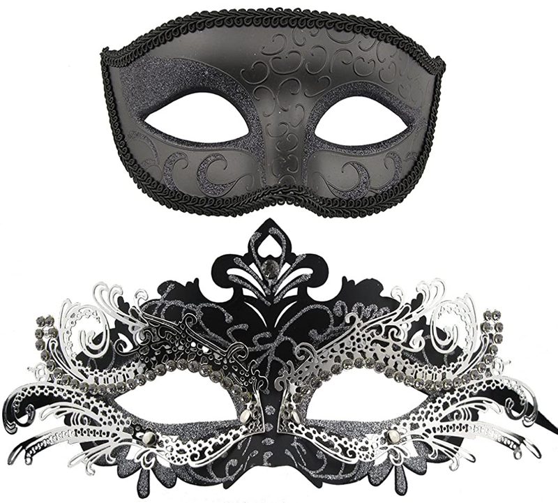 Couple Masquerade Metal Masks Venetian Halloween Costume Mask Mardi Gras Mask Apparel & Accessories > Costumes & Accessories > Masks Coddsmz Black+black-sliver  