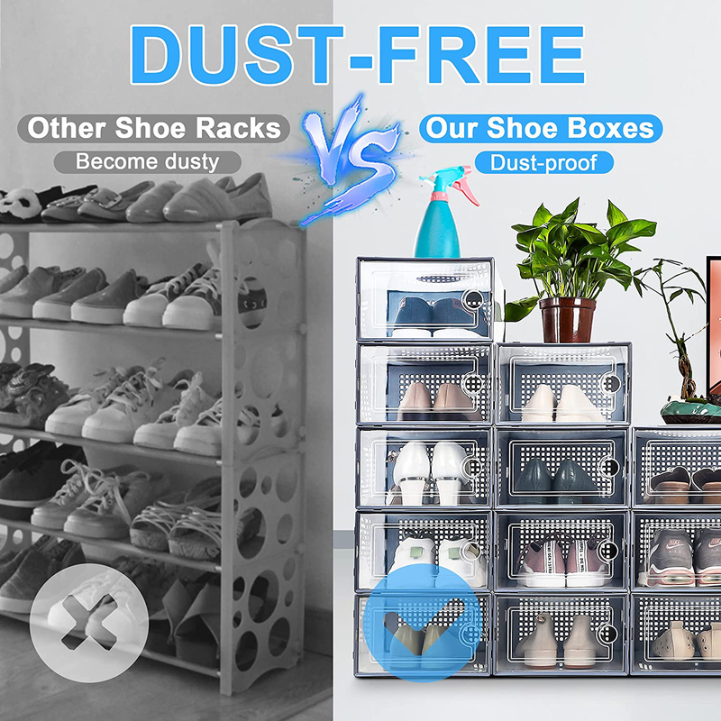Shoe Organizer Storage Boxes for Closet 12 Packs Grey, Kuject Clear Plastic Stackable Shoe Storage Bins with Drawers & Lids, Clothes Kids Toy under Bed Shoe Storage Containers for Entryway, Closet Floor, Drop Front, Cubby Furniture > Cabinets & Storage > Armoires & Wardrobes Kuject   