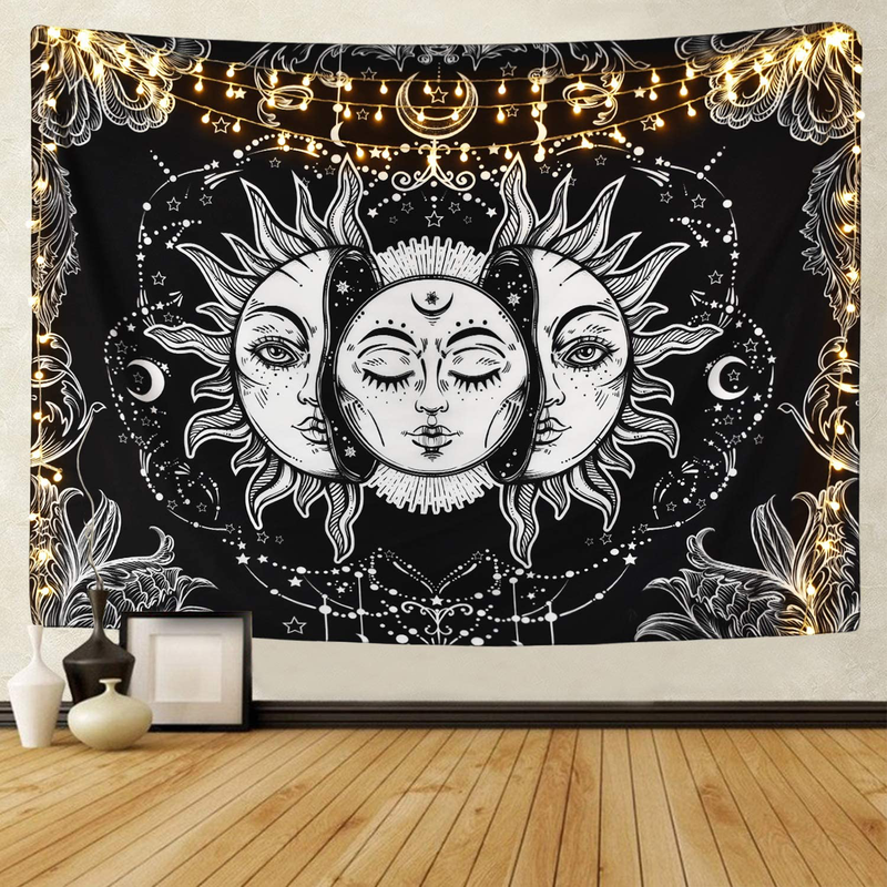 Sun and Moon Tapestry Burning Sun with Star Tapestry Psychedelic Tapestry Black and White Hippie Tapestry Wall Hanging for Home Bedroom (51.2 x 59.1 inches) Home & Garden > Decor > Artwork > Decorative Tapestries Boniboni Black 51.2" x 59.1" 