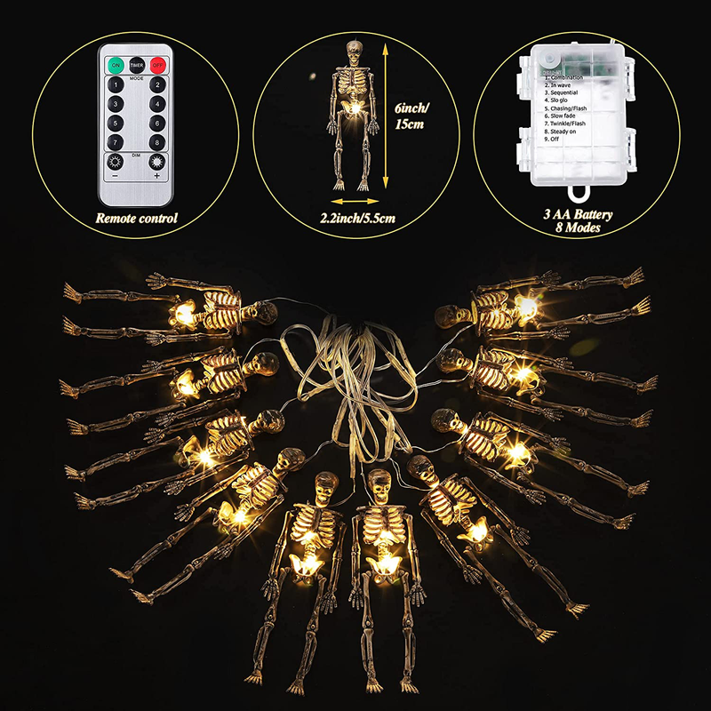 Halloween Decoration Lights, Skeleton Skull Spooky String Lights 20 LEDs 8 Modes Waterproof Battery Operated Lights with Remote Control for Halloween Party Porch Fireplace Decor (Warm Yellow) Arts & Entertainment > Party & Celebration > Party Supplies Hiboom   
