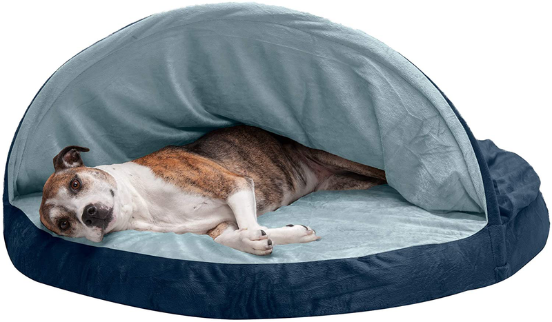 Furhaven Cozy Pet Beds for Small, Medium, and Large Dogs and Cats - Snuggery Hooded Burrowing Cave Tent, Deep Dish Cushion Donut Dog Bed with Attached Blanket, and More Animals & Pet Supplies > Pet Supplies > Dog Supplies > Dog Beds Furhaven Microvelvet Navy Snuggery (Cooling Gel Foam) 44 inch