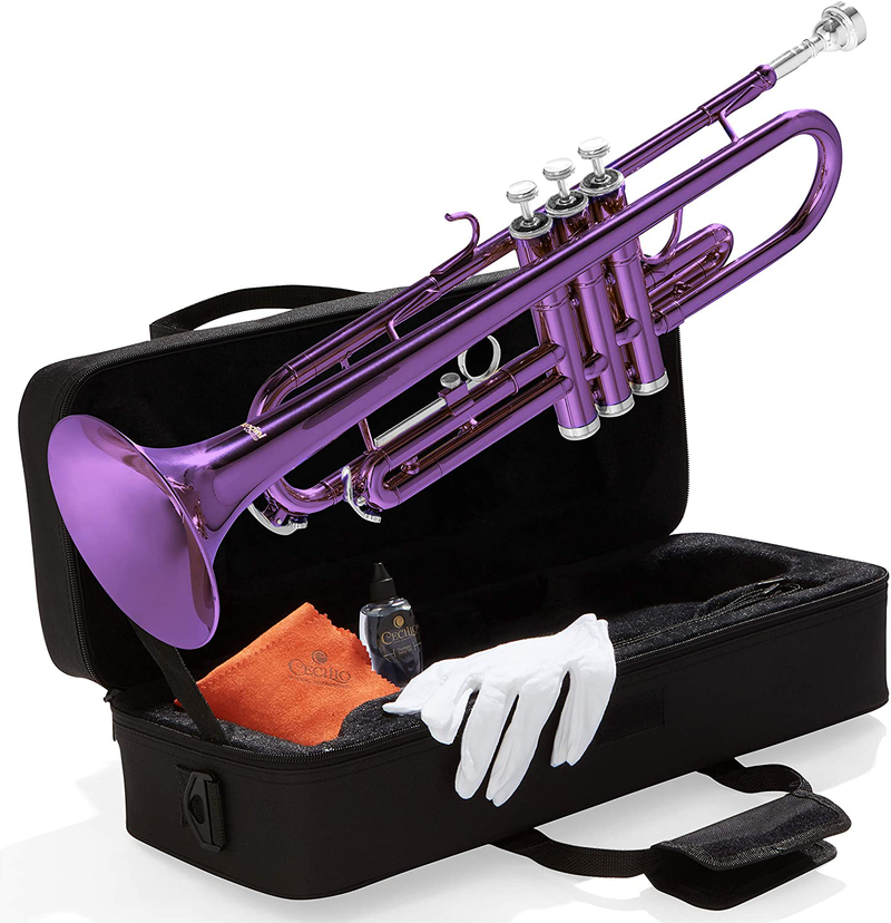 Mendini By Cecilio Bb Trumpet - Brass, Gold Trumpets w/Instrument Case, Cloth, Oil, Gloves - Musical Instruments For Beginner or Experienced Kids and Adults  Mendini by Cecilio Purple  
