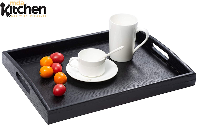 mdaKitchen Serving Tray with Handles and Non-Slip Mat, Wood Large Black Rustic Butler Rectangle Tray for Breakfast in Bed, Ottoman Food Coffee Tea Table Tray for Eating 17" x 13" x 2" (Red) Home & Garden > Decor > Decorative Trays mdaKitchen Eat with Pleasure   