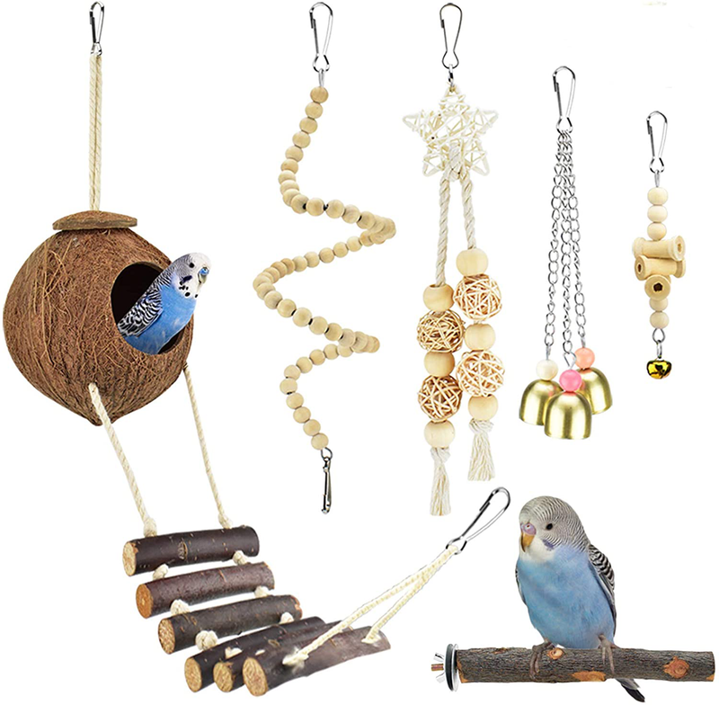 KATUMO Bird Toys, Natural Wood Coconut Bird House with Ladder Hanging Swing Pet Climbing Rotated Ladder Chewing Bells Bird Toys for Parakeet, Conure, Cockatiel, Mynah, Love Birds, Finch Animals & Pet Supplies > Pet Supplies > Bird Supplies > Bird Toys KATUMO Default Title  