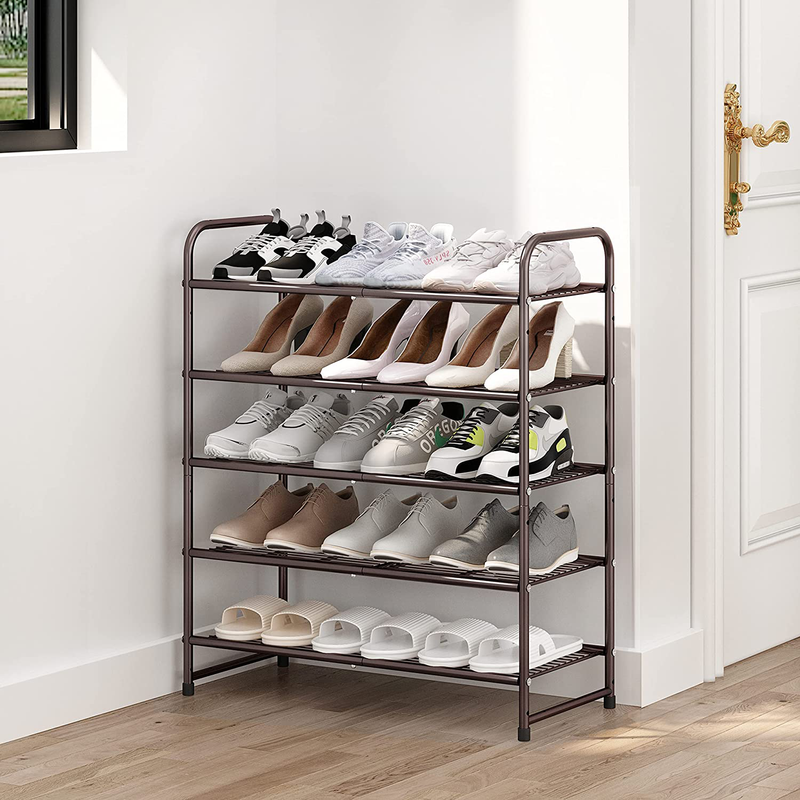 Simple Trending 5-Tier Stackable Shoe Rack, Expandable & Adjustable Shoe Organizer Storage Shelf with Side 6 Shoes Pockets, Wire Grid, Bronze