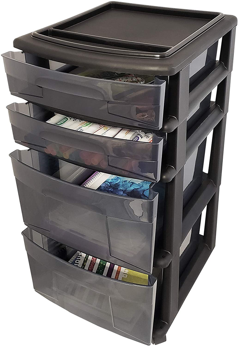 HOMZ Plastic 4 Drawer Medium Cart, Black Frame with Smoke Tint Drawers, Casters Included, Set of 1 Home & Garden > Household Supplies > Storage & Organization HOMZ   