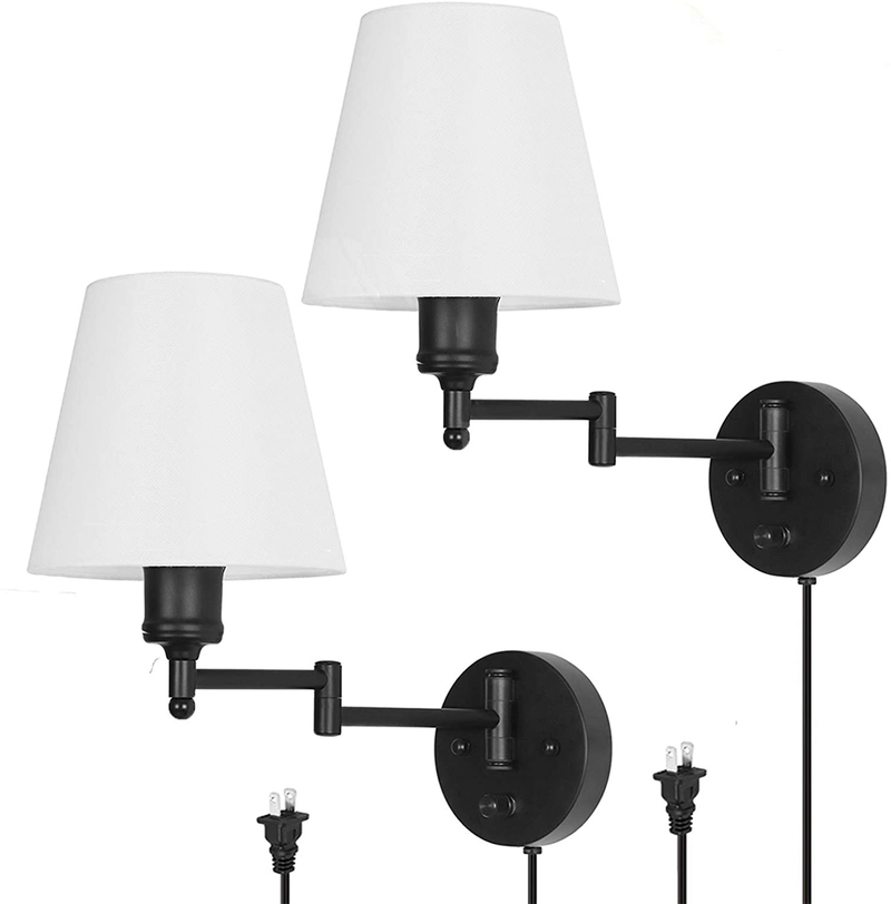 HAITRAL Adjustable Swing Arm Wall Sconces 2 Pack - Bedroom Wall Lamps with White Shade& Black Metal, Plug In& Hardwire Modern Wall Lamps for Bedside, Farmhouse, Kitchen, Bedroom(Bulb Is Not Included)