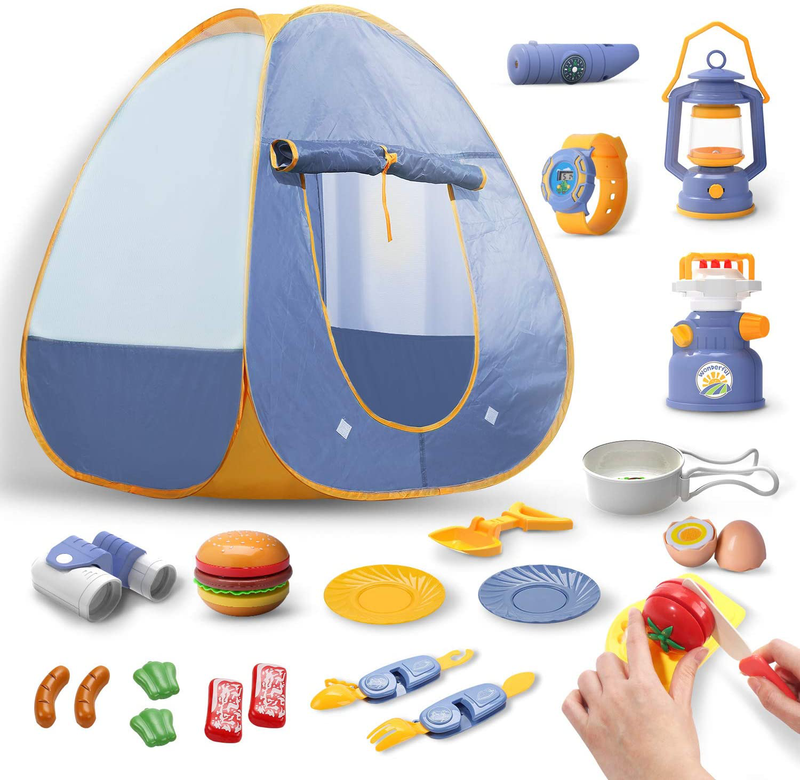 DEERC Kids Camping Tent Set Toys 23Pcs Includes Pop up Play Tent, Camping Gear Tools Adventure Set, Play Kitchen Food Set, Indoor and Outdoor Toys Gifts for Toddlers Kids Boys Girls