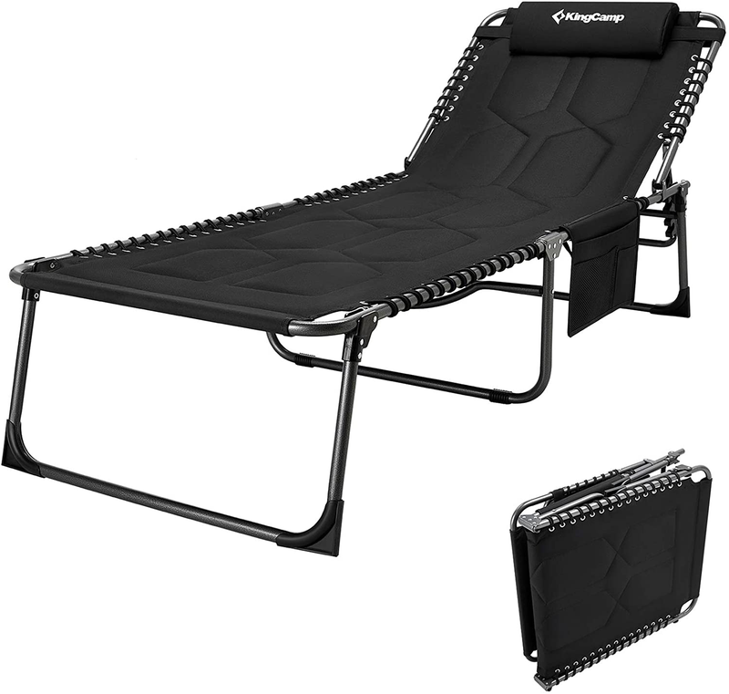 Kingcamp 4-Fold Folding Outdoor Chaise Lounge Chair for Beach, Sunbathing, Patio, Pool, Lawn, Deck, Lay Flat Portable Lightweight Heavy-Duty Adjustable Camping Reclining Chair with Pillow Sporting Goods > Outdoor Recreation > Camping & Hiking > Camp Furniture KingCamp Black  