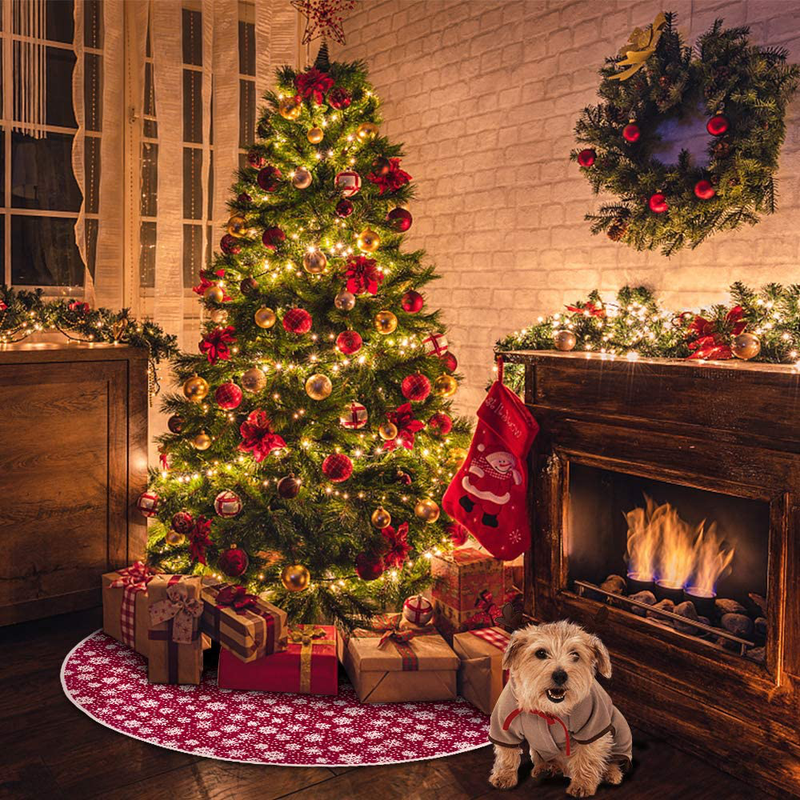 HOHOTIME Christmas Tree Skirt 30 inch, Red Natural Burlap Tree Skirt with White Snowflakes, Xmas Holiday Home Decoration Home & Garden > Decor > Seasonal & Holiday Decorations > Christmas Tree Skirts HOHOTIME   