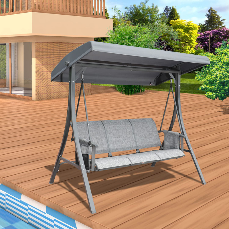 GOLDSUN Durable 3 Person Outdoor Patio Swing Chair with Side Pocket Bag Weather Resistant Canopy Steel Frame Swinging Bench for Balcony,Garden, Porch,Deck and Poolside(Grey) Home & Garden > Lawn & Garden > Outdoor Living > Porch Swings GOLDSUN   