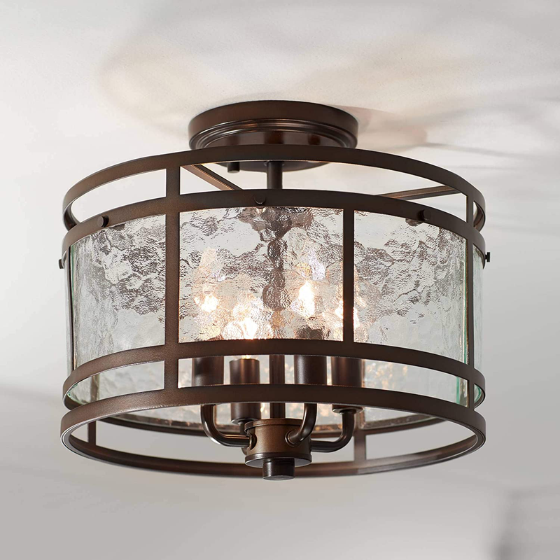 Elwood Rustic Industrial Ceiling Light Semi-Flush Mount Fixture Oil Rubbed Bronze 13 1/4" Wide Water Glass Drum for House Bedroom Hallway Living Room Bathroom Dining Kitchen - Franklin Iron Works