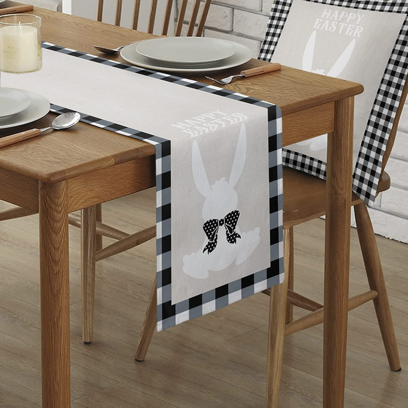 OYATON Happy Easter Bunny Table Runner with Black and White Gingham Buffalo Plaid, 13 X 72 Easter Day Home Decoration for Dining Table, Easter Spring Vintage and Farmhouse Kitchen Decor (Plaid)