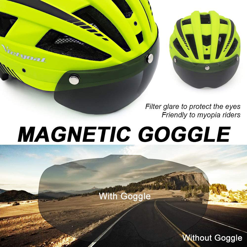 VICTGOAL Bike Helmet for Men Women with Led Light Detachable Magnetic Goggles Removable Sun Visor Mountain & Road Bicycle Helmets Adjustable Size Adult Cycling Helmets Sporting Goods > Outdoor Recreation > Cycling > Cycling Apparel & Accessories > Bicycle Helmets VICTGOAL   