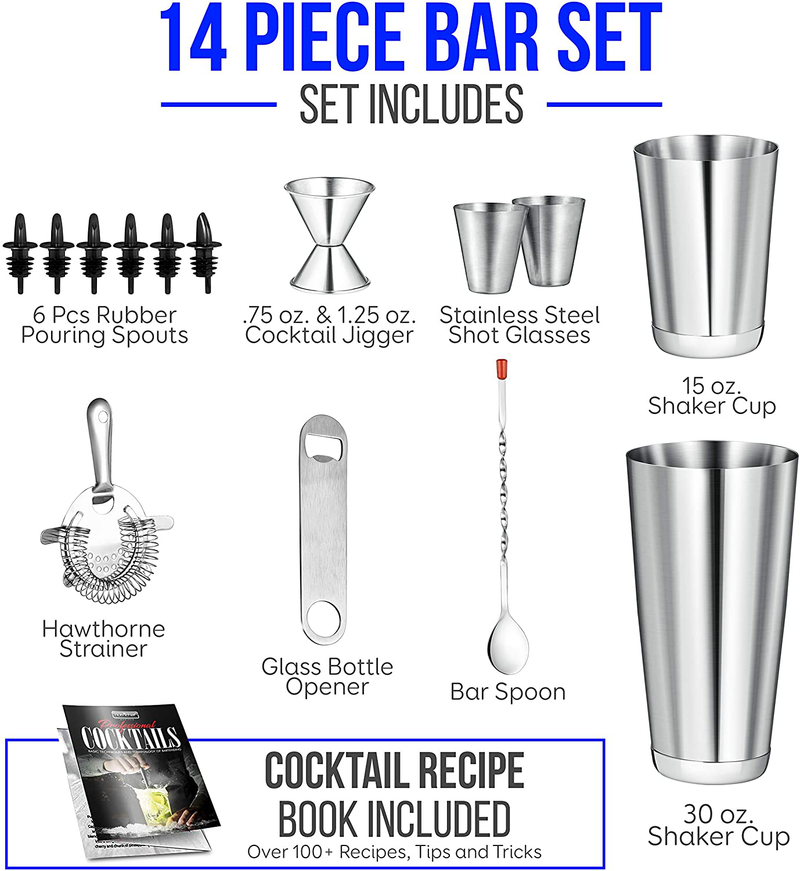 Mixology Bartender Cocktail Shaker Set - 15 & 30 oz Stainless Steel Cocktail Bar Set Mix Drink Shaker Kit - Essentials Martini Making Kit Drink Mixing Starter Set - NutriChef (15 Piece Set)