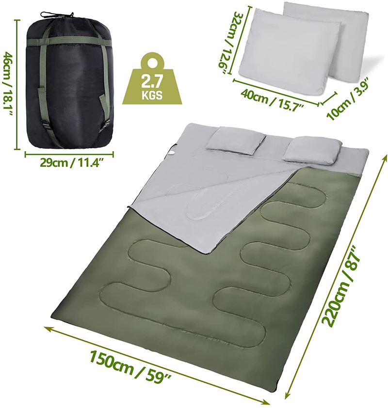 F2C Double Sleeping Bag with 2 Pillows & Storage Bag, Lightweight Waterproof Warm Cold Weather for Camping, Backpacking, Queen Size XL for 2 People, Adults or Teens