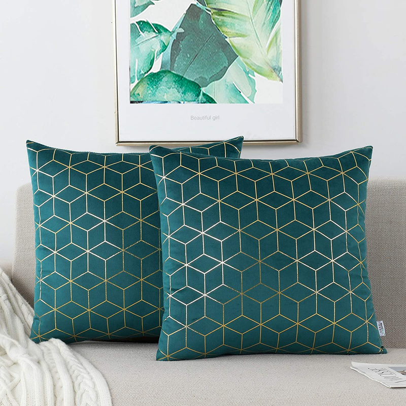 Nordeco HOME Pack of 2 Throw Pillow Covers Cases - Square Decorative Cushion Covers for Sofa Couch Bed Home Decoration, 18 X 18, Grey Home & Garden > Decor > Chair & Sofa Cushions NordECO HOME Teal Green/ Square Gold 2 pieces, 18" x18" 