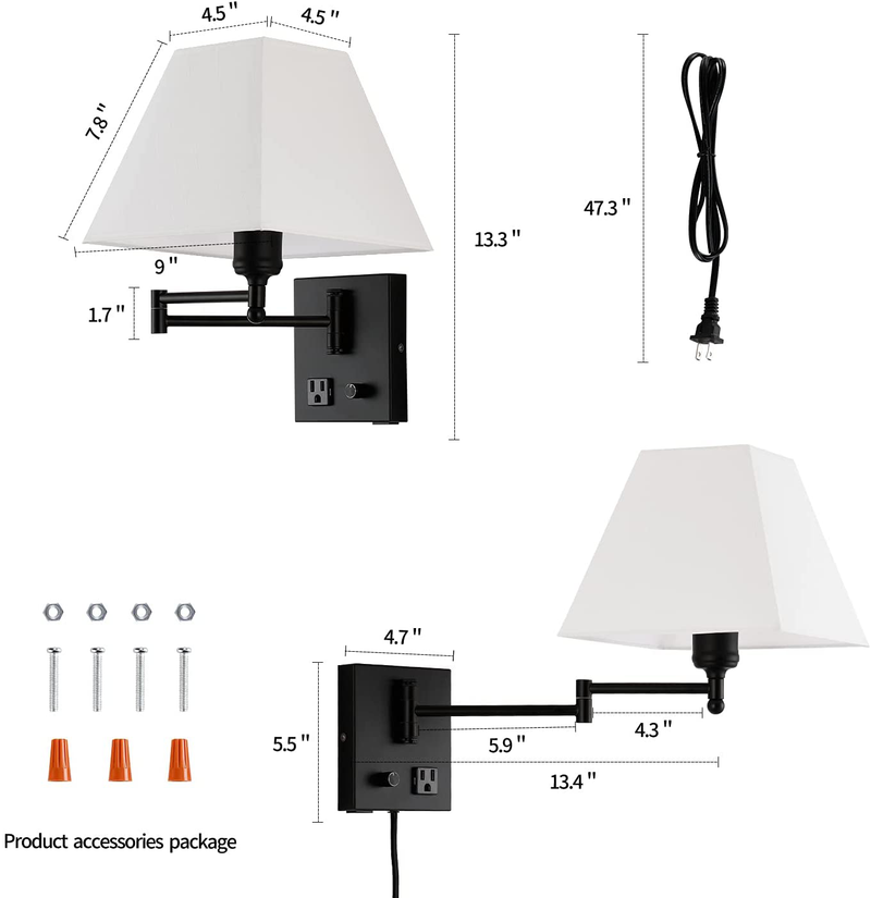 Plug in Wall Light ,Swing Arm Wall Sconces, Modern Wall-Mounted Lamp with Dimmable Switch and USB Port for Bedroom, Living Room ,Black Home & Garden > Lighting > Lighting Fixtures > Wall Light Fixtures KOL DEALS   