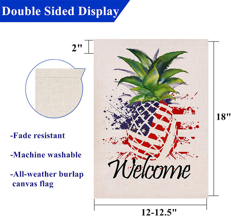 Covido Home Decorative Welcome House Flag, Spring Summer USA Garden Yard Lawn Pineapple Decor, July 4th American Patriotic Outside Decoration Seasonal Outdoor Large Burlap Flag Double Sided 12 x 18 Home & Garden > Decor > Seasonal & Holiday Decorations& Garden > Decor > Seasonal & Holiday Decorations Covido   