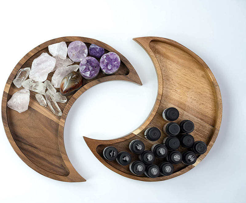 Moon Tray Crystal Holder and Display - Walnut Wood Crystal Tray for Stones, Healing Crystals and Gemstones Storage and Organizer Stand - Crescent Moon Bowl - Essential Oil Holder - Jewelry Dish Tray