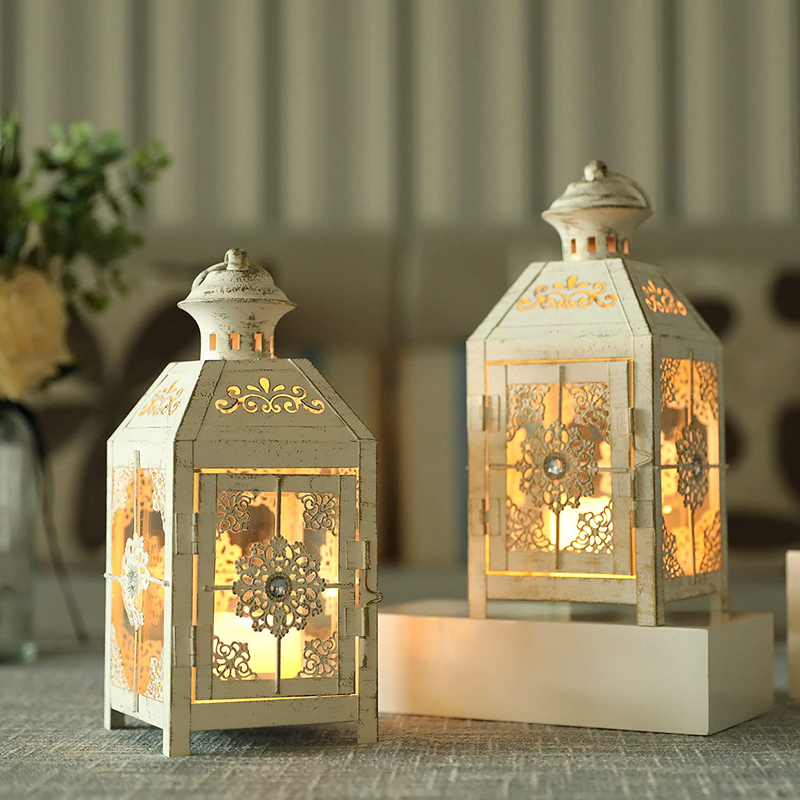 JHY DESIGN Set of 2 Decorative Candle Lantern 9.5''High Metal Candle Lantern Vintage Style Hanging Lantern for Wedding Parties Indoor Outdoor(Black with Gold Brush) Home & Garden > Decor > Home Fragrance Accessories > Candle Holders JHY DESIGN White With Gold Brush  