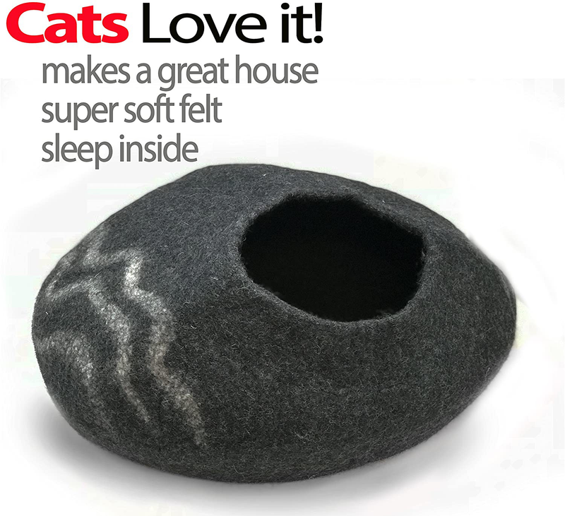 Iprimio 100% Natural Wool Eco-Friendly 40 Cm Cat Cave - Handmade Premium Shaped Felt - Makes Great Covered Cat House and Bed for Cats & Kittens - for Indoor Cozy Hideaway - Medium Pod Soft Hooded Bed