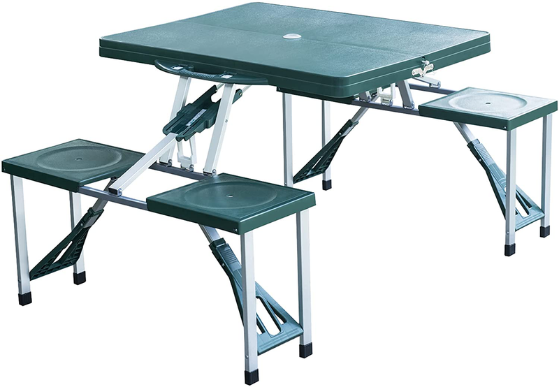 Outsunny Portable Foldable Camping Picnic Table with Seats Chairs and Umbrella Hole, 4-Seats Aluminum Fold up Travel Picnic Table, Green Sporting Goods > Outdoor Recreation > Camping & Hiking > Camp Furniture Outsunny Green  