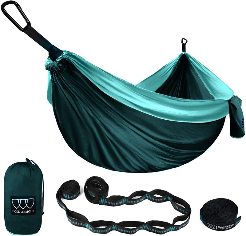 Gold Armour Camping Hammock - Extra Large Double Parachute Hammock USA Based Brand Lightweight Nylon Adults Teens Kids, Camping Accessories Gear (Sky Blue and Gray) Home & Garden > Lawn & Garden > Outdoor Living > Hammocks Gold Armour Turquoise and Seafoam  